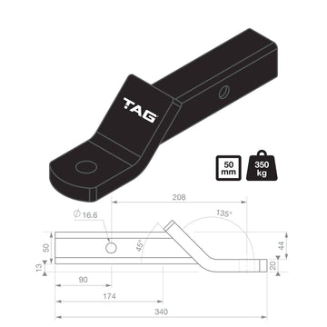 TAG Tow Ball Mount - 208mm Long, 135ยฐ Face, 50mm Square Hitch